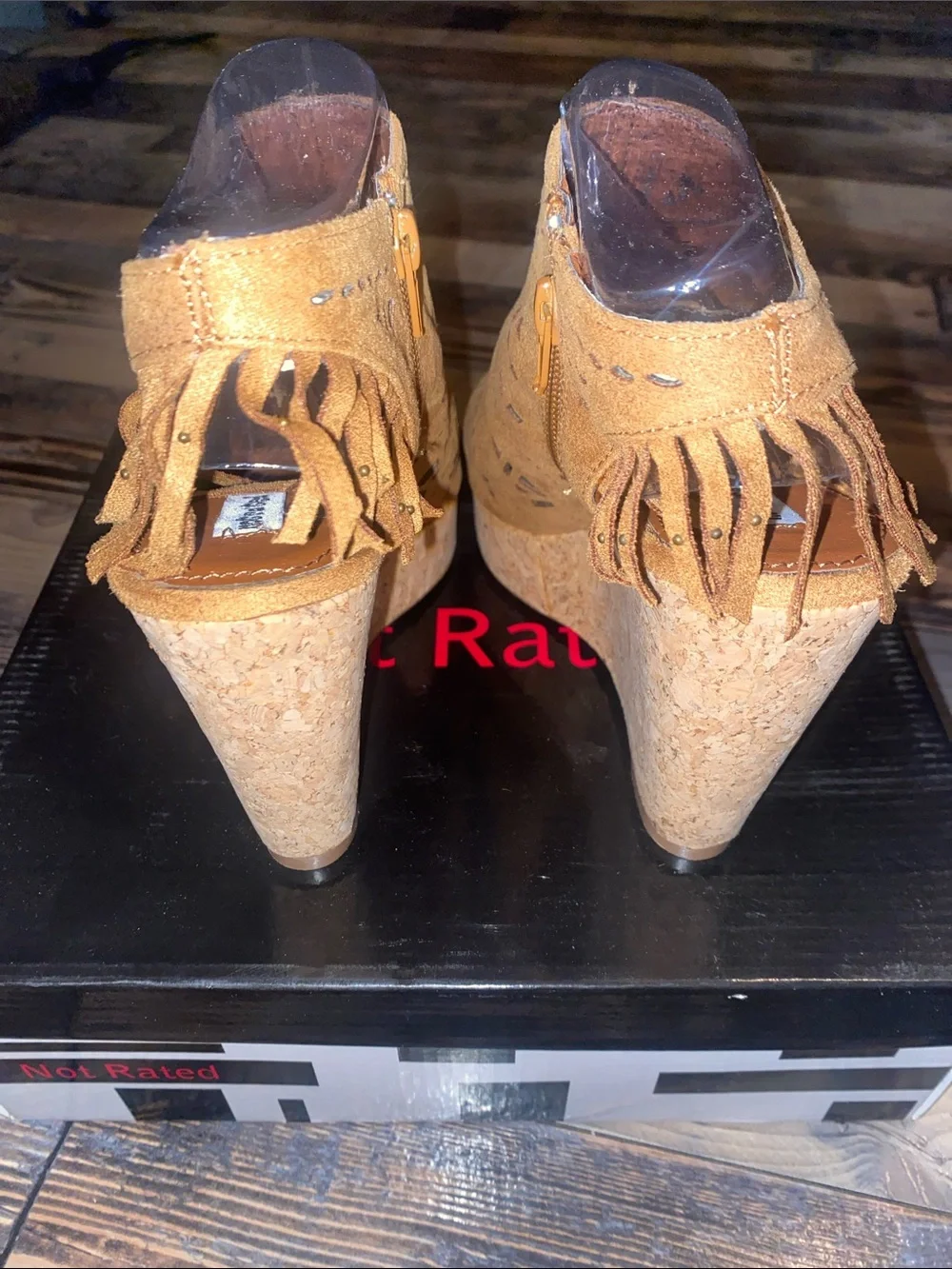 Not Rated Tan Suede Fringe Delight Laser-Cut Cork Wedge Sandals